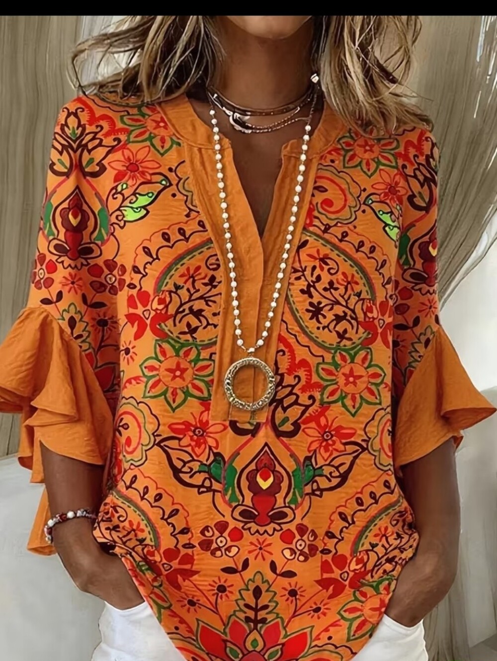Women's Orange Printed Tunic Top - Boho Floral